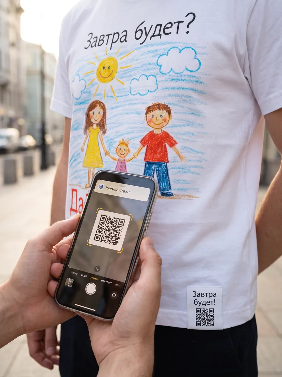 Телефон сканирует QR-нашивку у подола футболки