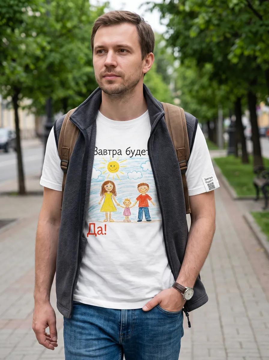 Мужчина в футболке «Завтра будет» с нашивкой-QR